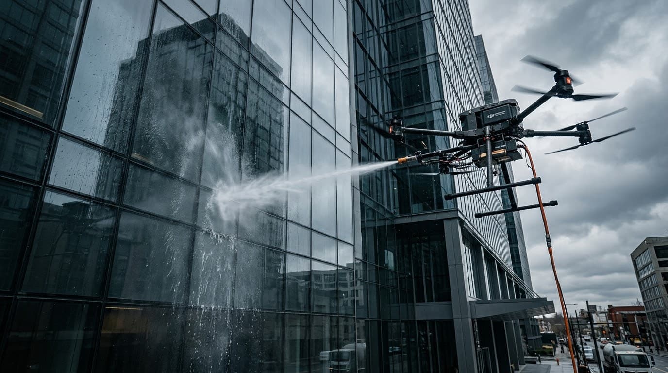 Drone washing the exterior facade of a commercial building